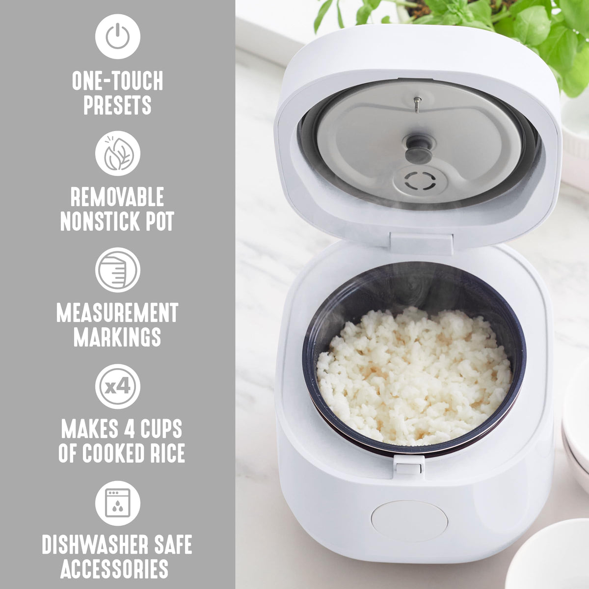 Digital Rice Cooker, 2-Cups Uncooked/4-Cups Cooked, Removable Nonstick Ceramic PFAS-Pot, One-Touch Presets, Oats, Quinoa, Brown Rice, Auto Keep Warm, Fuzzy Logic Tech, 1.5QT, White