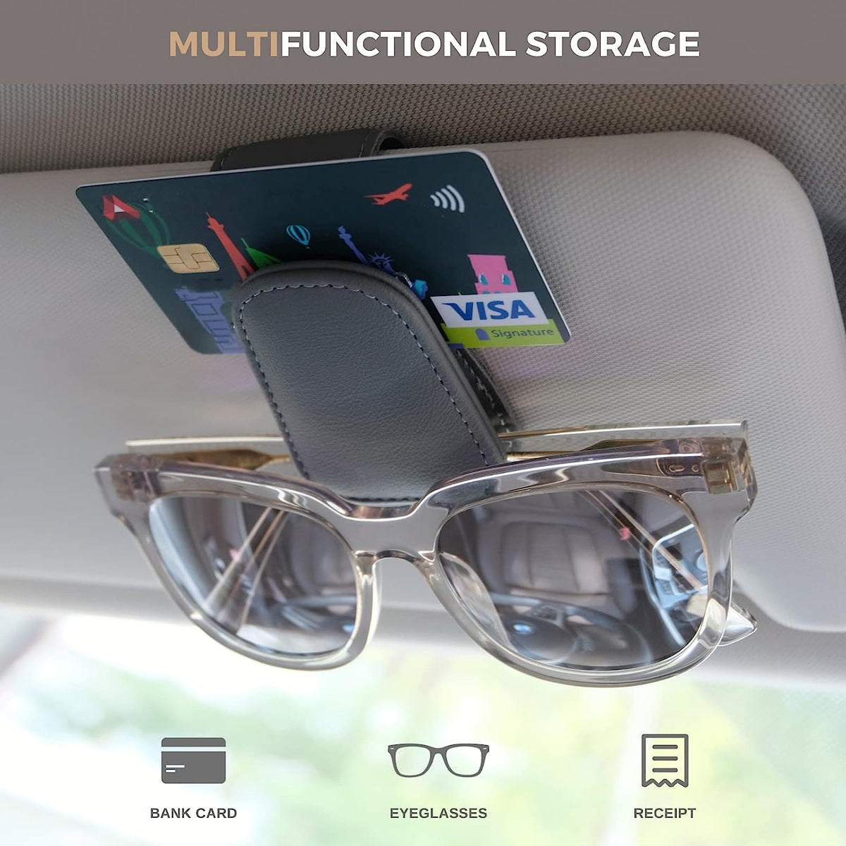 Ompellus Magnetic Leather Sunglass Holder, Eyeglass Hanger Clip for Car Sun Visor, Suitable for Different Size Eyeglasses (Beige)