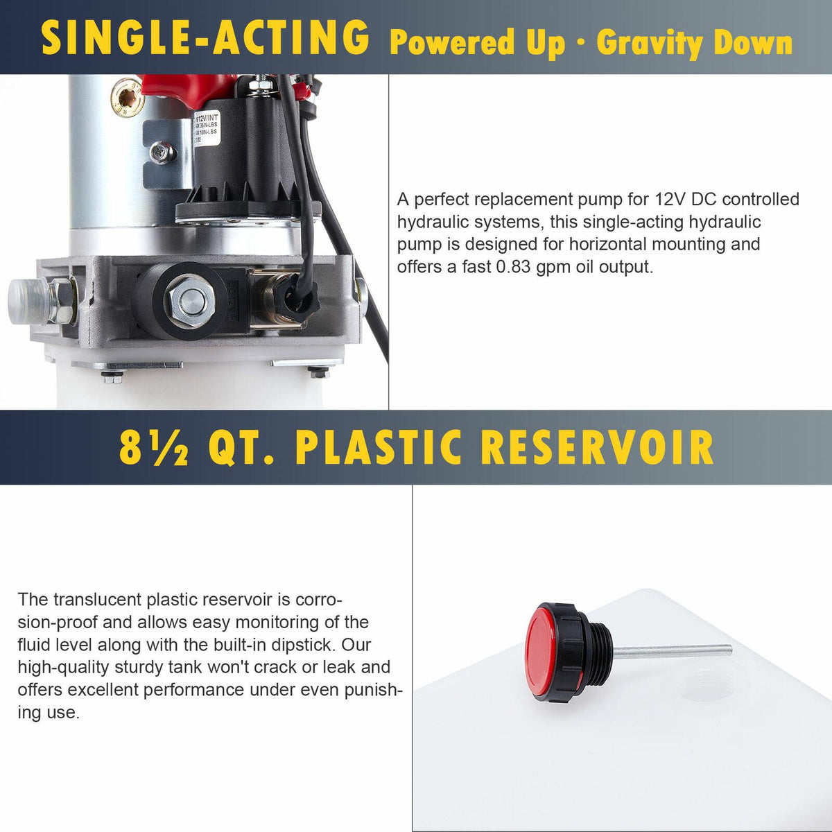 8 Quart 12V Single Acting Hydraulic Pump for Dump Truck Bed Aerial Platform More