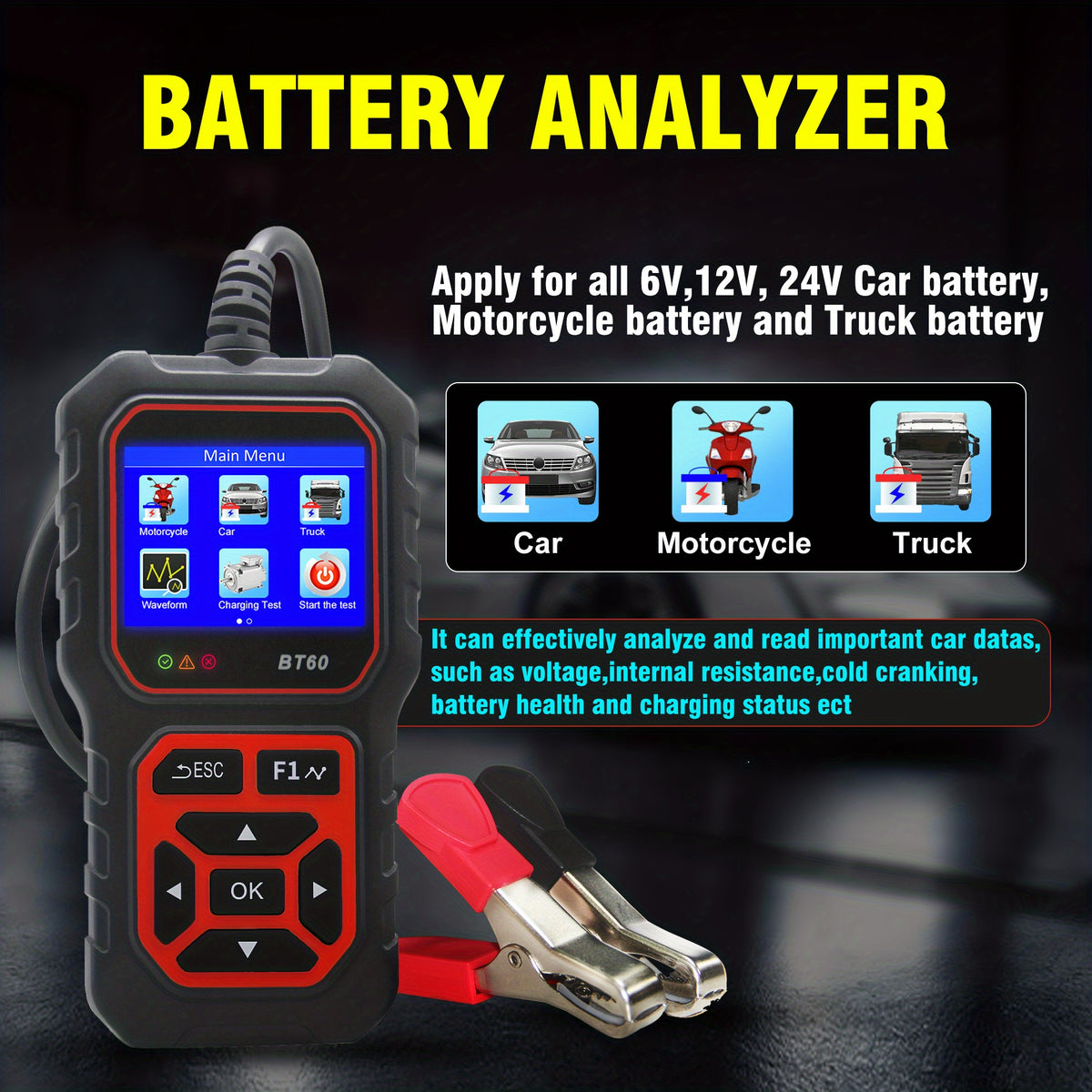 5V-36V Car Battery Tester, Automotive Battery System Tester Digital Auto Battery Analyzer Charging CranTester For Car Truck Motorcyle Vehicle RV