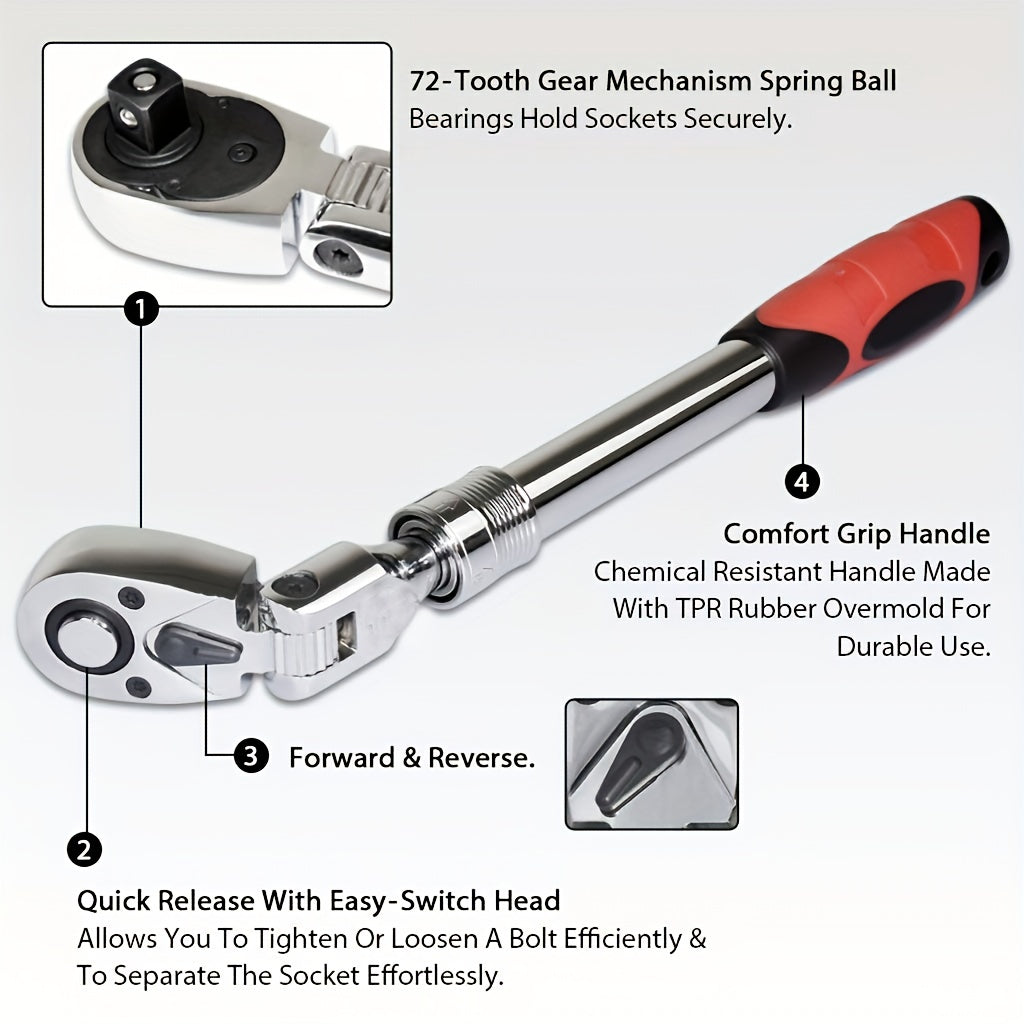 1/4 3/8 1/2 Telescopic Head Ratchet Wrench 72-Tooth Chrome Vanadium Steel Telescopic Head Ratchet Wrench, Automatic  Release Wrench