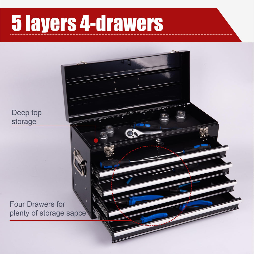 21-Inch Heavy Duty Metal Tool Box,4-Drawer Portable Steel Tool Chest with EVA Liners,Ball Bearing Slides,Lock & Lid, Powder Coated,200LBS,Garage/Workshop/Home/Auto Mechanics Stora(4, Black)
