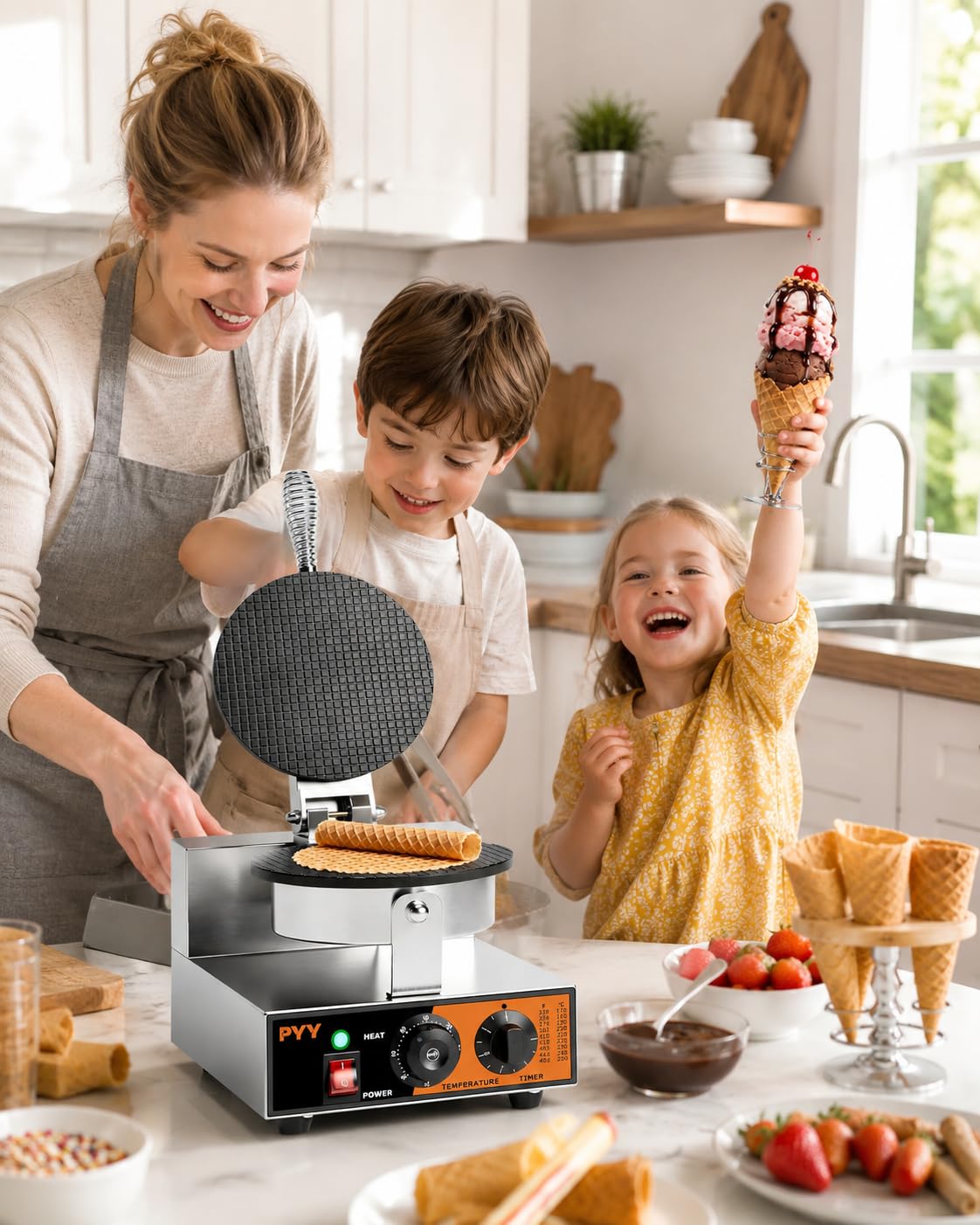 Commercial Waffle Cone Maker Machine, 1200W Ice Cream Cone Maker with Nonstick Plates, Adjustable Temperature & Timer,  Steel Electric Waffle Cone Baker for Ice Cream Shops, Cafes & Home
