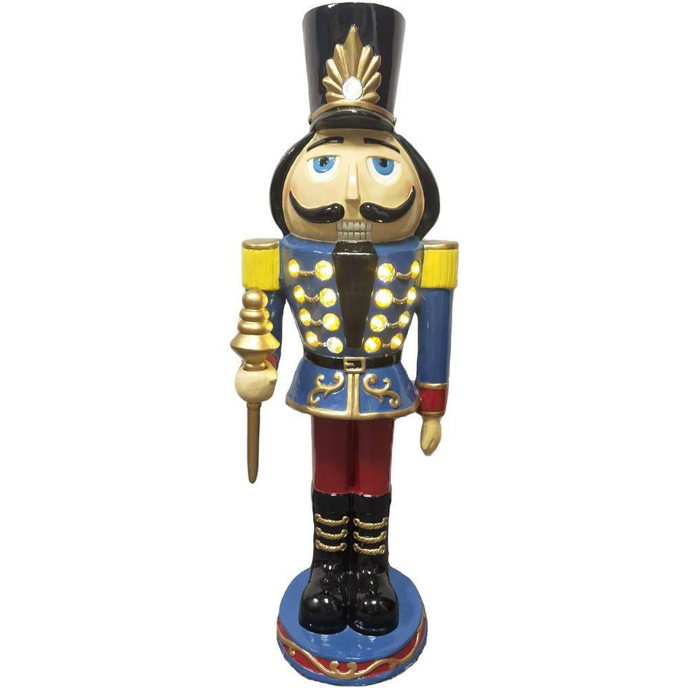 36 in. Blue Resin Christmas Nutcracker Toy Soilder Holding a Staff with LED Lights