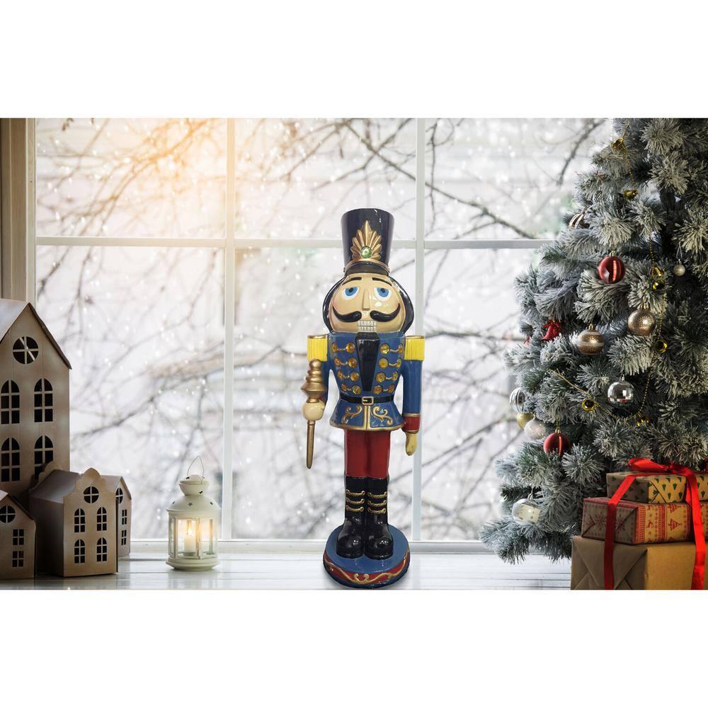 36 in. Blue Resin Christmas Nutcracker Toy Soilder Holding a Staff with LED Lights