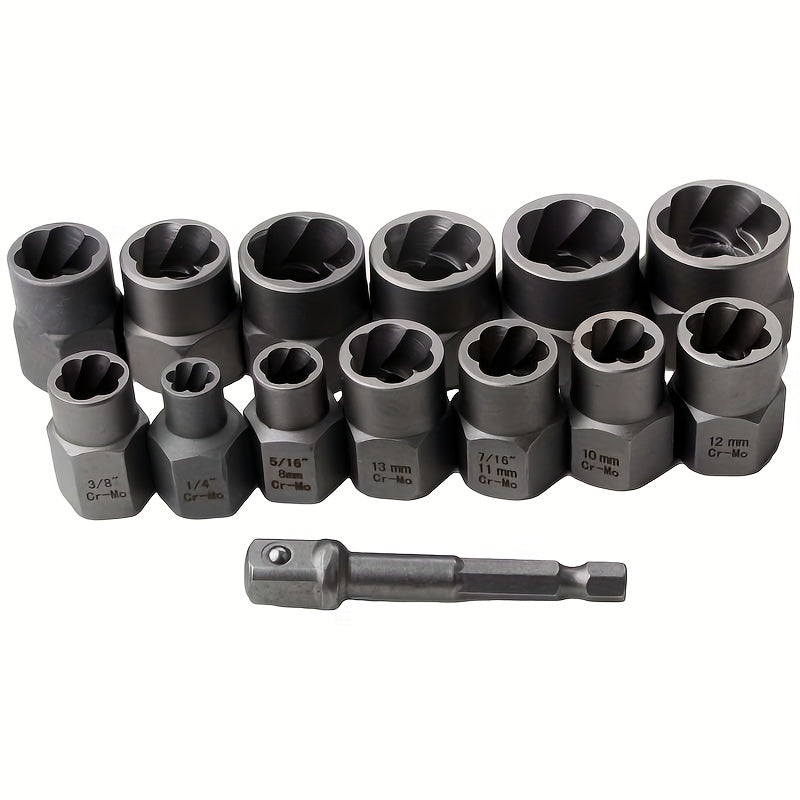 14 Pieces Impact Bolt & Nut Remover Set Pull-Out Sleeve Cr-Mo Bolt Extractor Tool Set With Solid StoraCase Damaged Incomplete Screw Nut Extractor