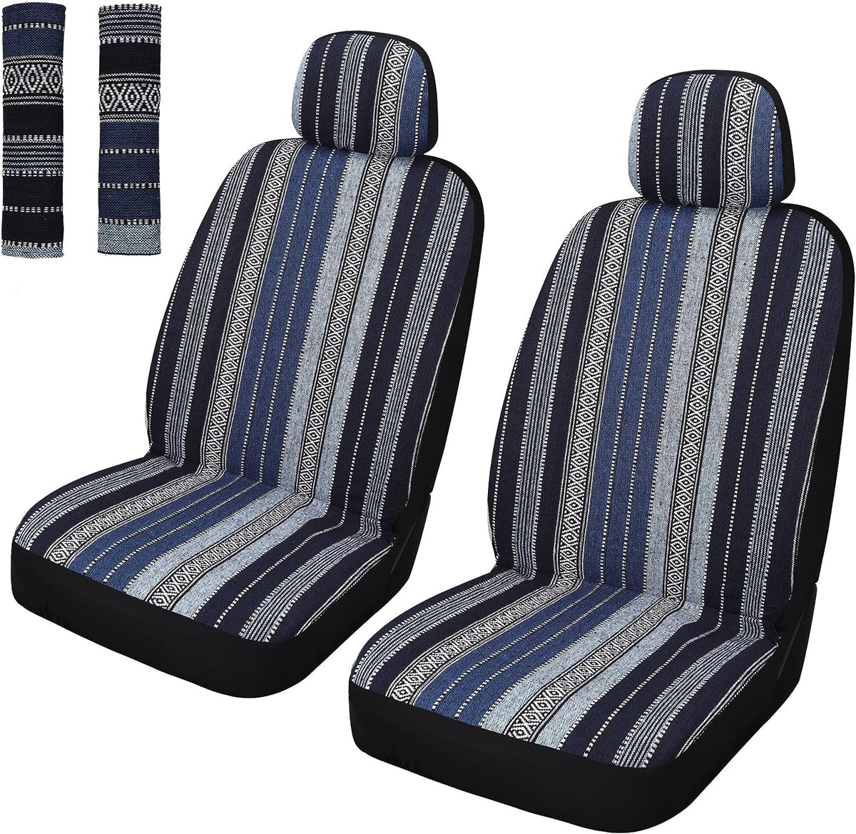 Pariitadin Baja Saddle Blanket Car Seat Covers Front Set with Seat Belt Pads, Washable Breathable Striped Woven Cloth Seat Covers for Cars, Universal Fit Most Cars, Airbag Compatible, Blue