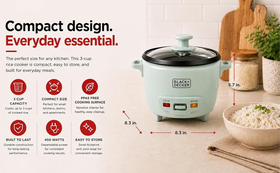 3-Cup Cooked (1.5 Cups Uncooked) Rice Cooker, Removable Nonstick Bowl, One-Touch Operation, Surf Spray