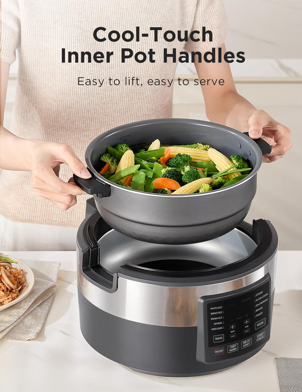 Rice Cooker for 8-Cups Uncooked Rice with 10 Multifunction CooPrograms Including Sauteing, Steaming, and Simmering, Features a Non-Stick Inner Pot with Handles and Glass Lid