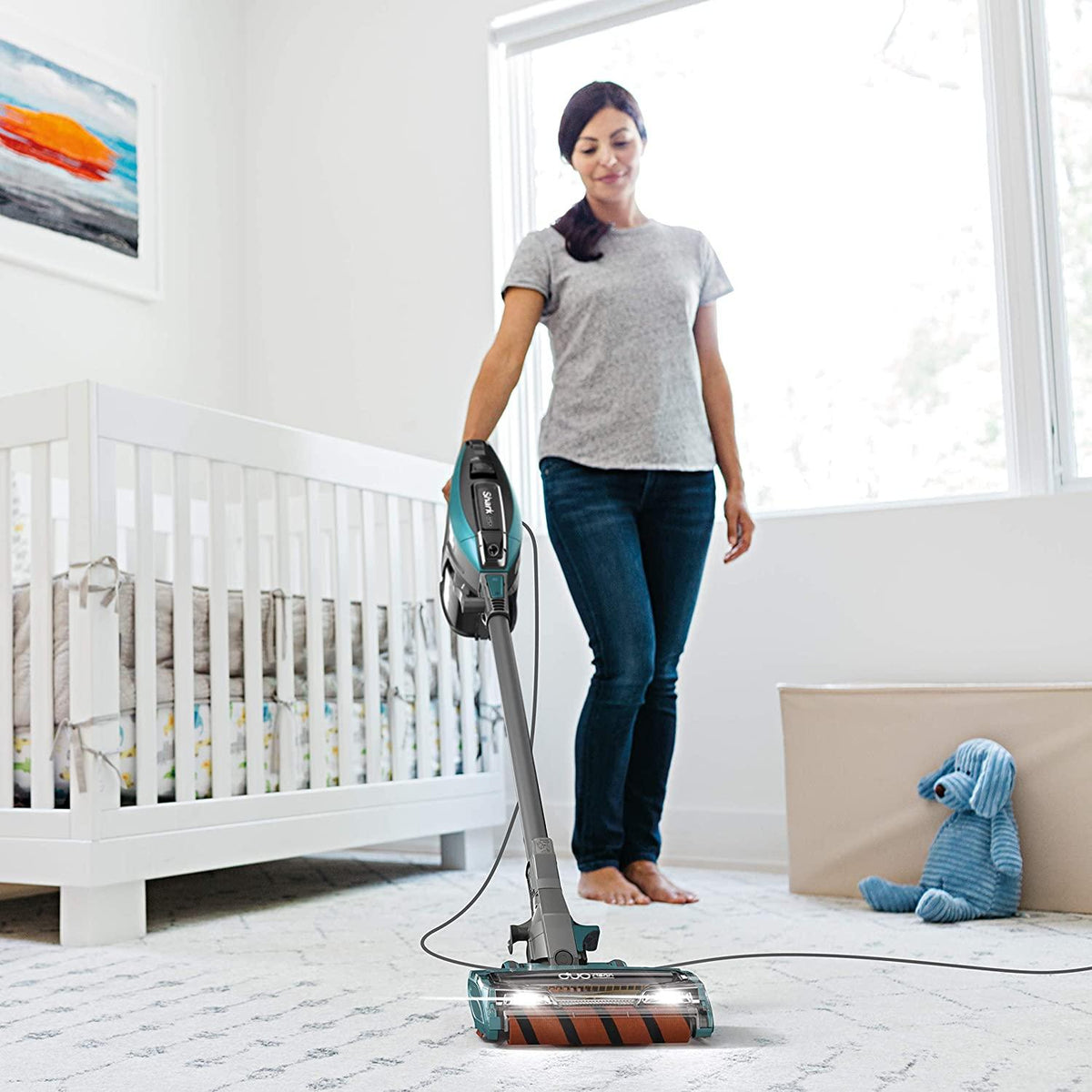 Shark ZS362 APEX Corded Stick Vacuum with DuoClean and Self-Cleaning Brusholl, Precision Duster, Crevice and Pet Multi-Tool, Forest Mist Blue, 10.2 in L x 9.8 in W x 46.4 in H