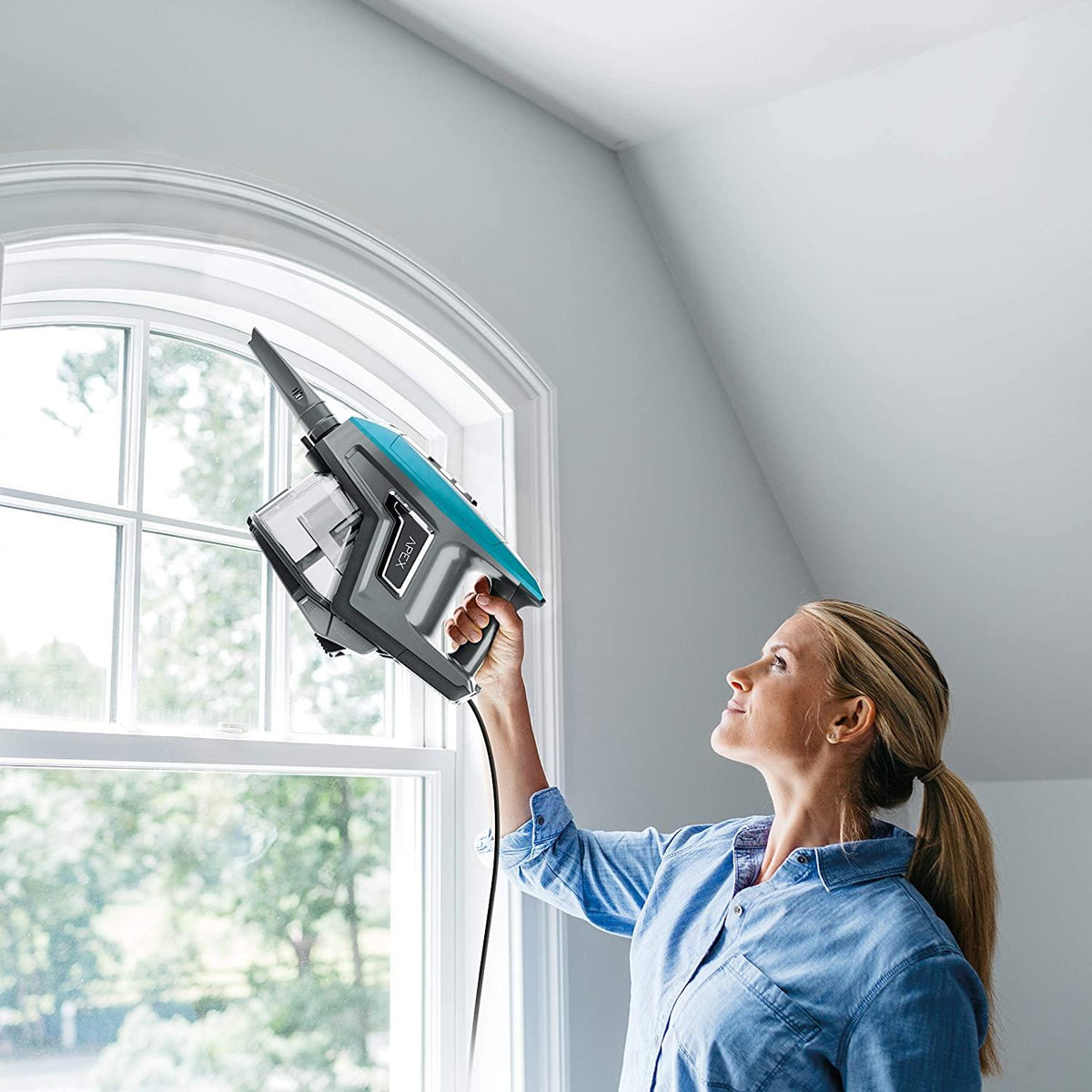Shark ZS362 APEX Corded Stick Vacuum with DuoClean and Self-Cleaning Brusholl, Precision Duster, Crevice and Pet Multi-Tool, Forest Mist Blue, 10.2 in L x 9.8 in W x 46.4 in H