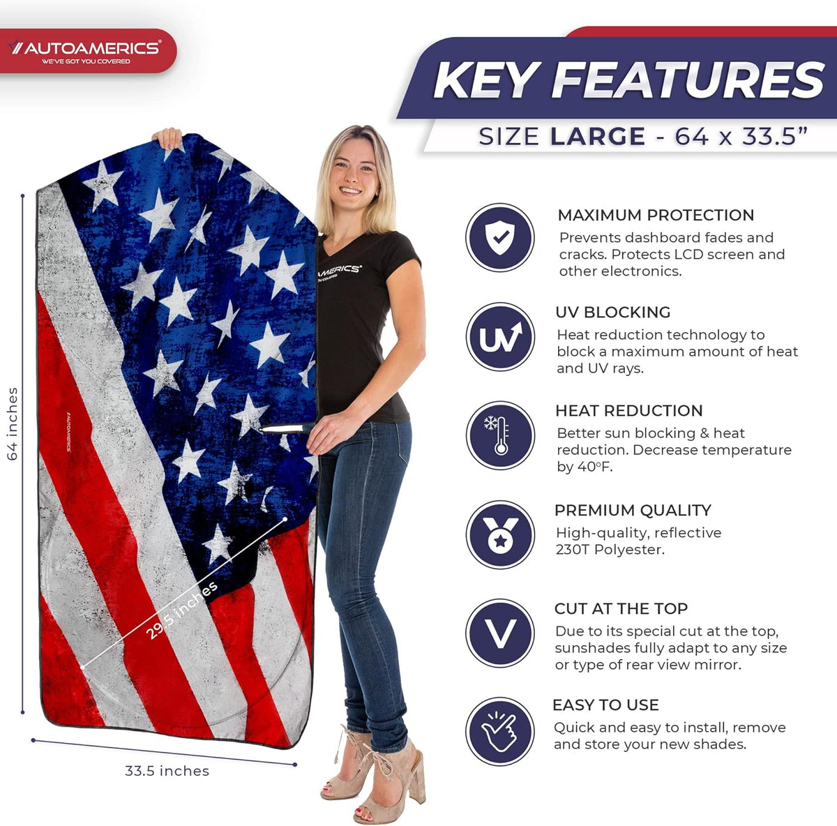 Autoamerics 1-Piece Windshield Sun Shade Grunge American Flag - 4 USA  - Foldable Car Front Window Sunshade for Most Sedans SUV Truck - Blocks Max UV Rays and Keeps Your Vehicle Cool - Large