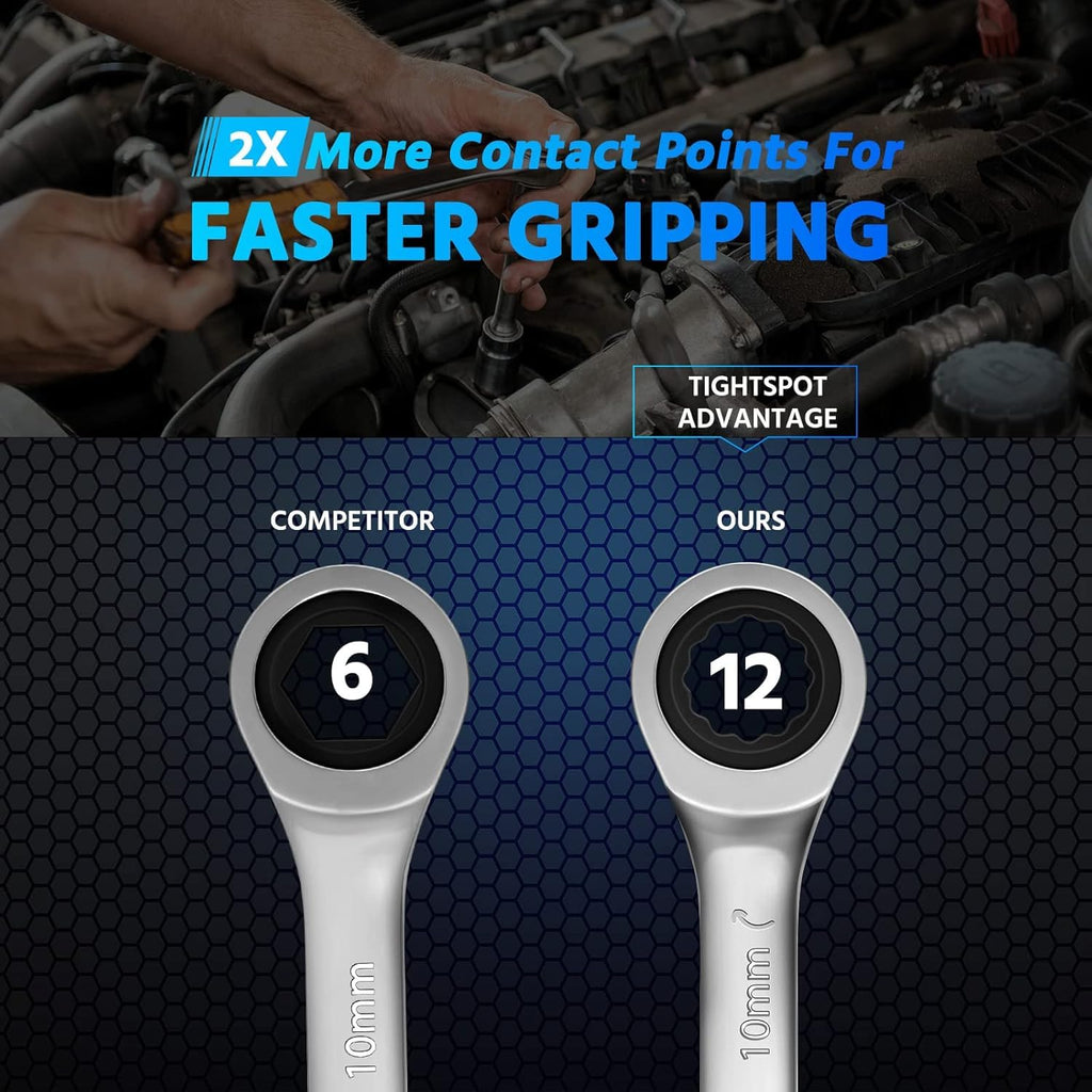 10Pcs Ratcheting Wrench Set SAE & Metric Ratchet Wrench Set with Rack Organizer, Premium CR-v Steel, 12 Point, 72 Teeth,Box End and Open End Ratcheting Wrench Set,Metric 10-15mm&SAE 3/8''-5/8''