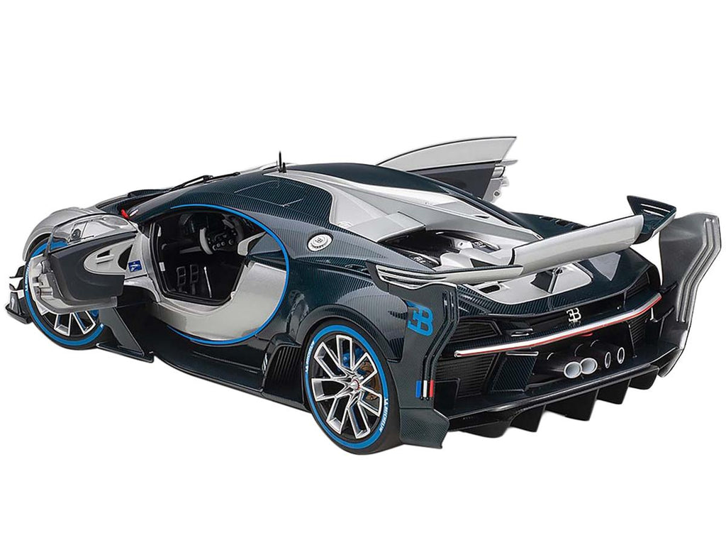 Bugatti Vision Gran Turismo "16" Argent Silver and Blue Carbon Fiber 1/18 Model Car by Autoart