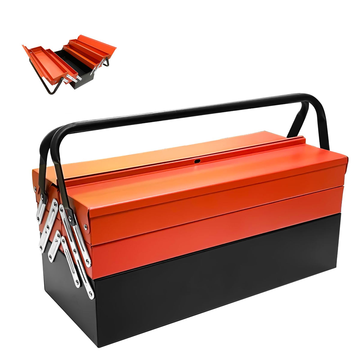 Metal Cantilever Tool Box, 18" * 8" * 8" Fold Out Tool Organizer with 3 Layers & 5 Trays, Portable Storafor Home, Studio, Auto Repair & Factory (Orange)