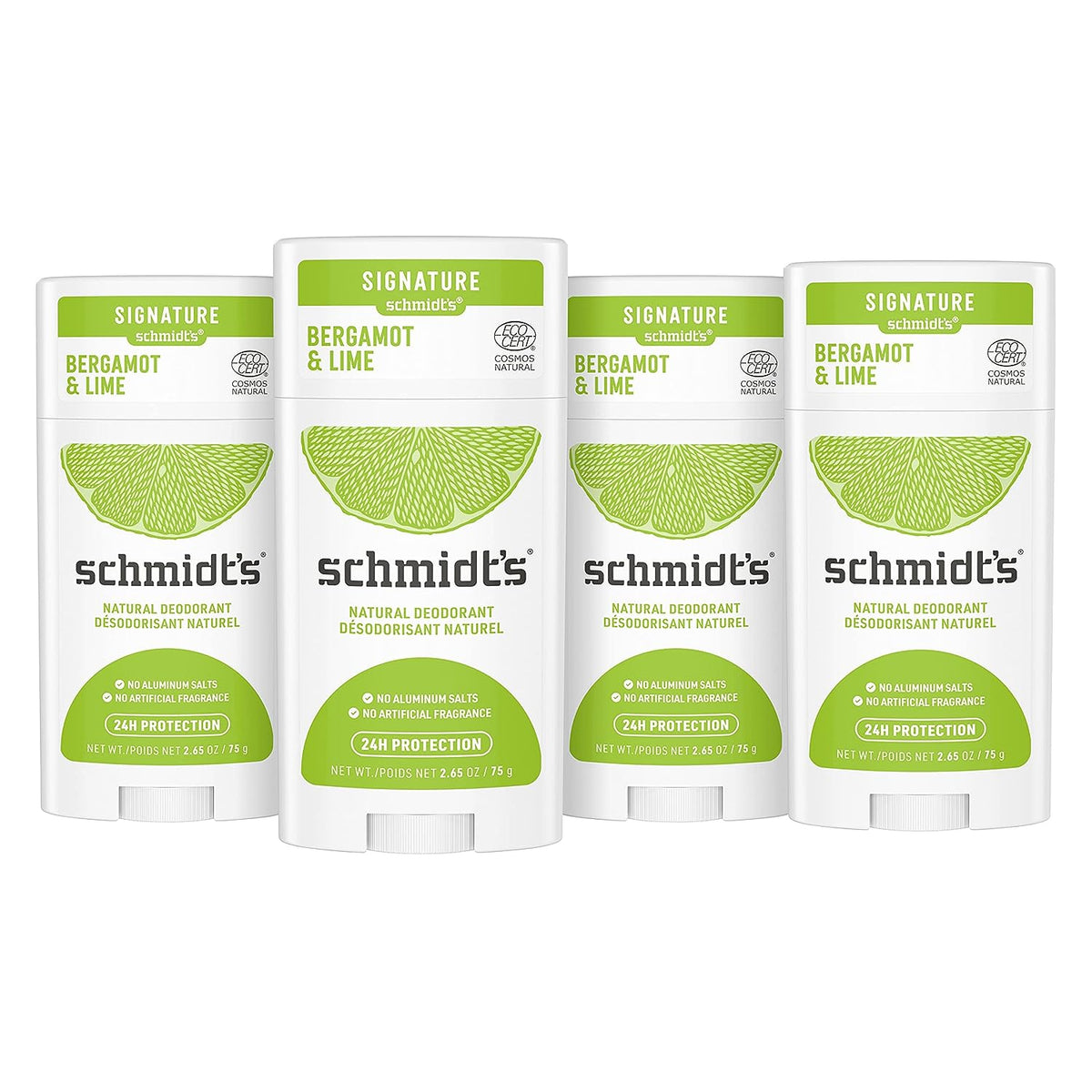 Schmidt's Aluminum Free Natural Deodorant For Women and Men, Bergamot &amp; Lime with 24 Hour Odor Protection, Certified Cruelty Free, Vegan Deodorant, 2.65oz 4-pk