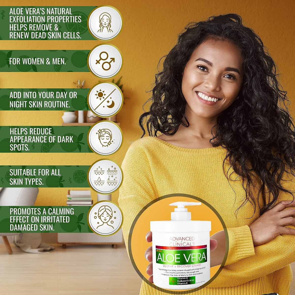 Advanced Clinicals Aloe Vera, Vitamin C &amp; Hyaluronic Acid Face &amp; Body Cream, Moisturizing Lotion for Dry &amp; Sun-Damaged Skin, 16 Oz