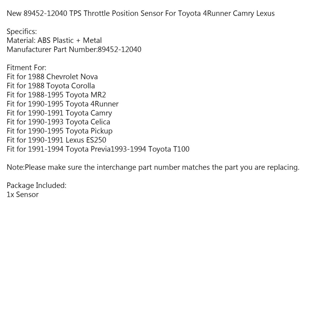 89452-12040 TPS Throttle Position Sensor For Toyota 4Runner Camry Lexus Generic