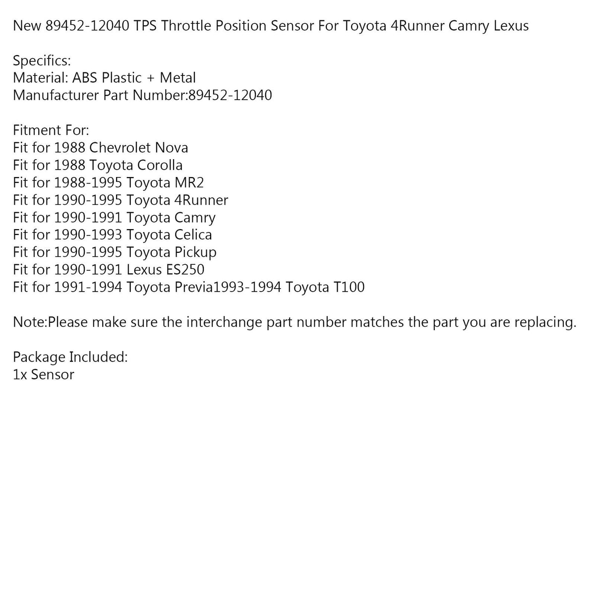 89452-12040 TPS Throttle Position Sensor For Toyota 4Runner Camry Lexus Generic
