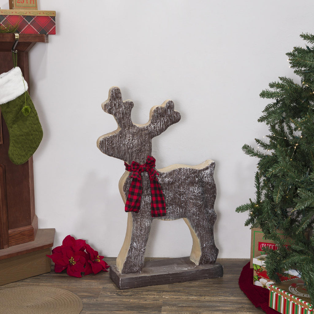 Alpine Corporation Wooden Christmas Reindeer Statue with Festive Bow