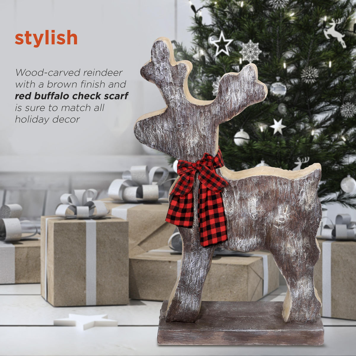 Alpine Corporation Wooden Christmas Reindeer Statue with Festive Bow