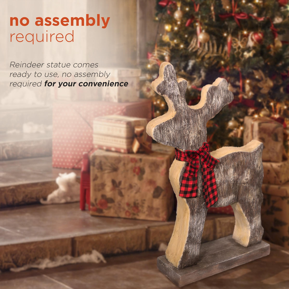 Alpine Corporation Wooden Christmas Reindeer Statue with Festive Bow