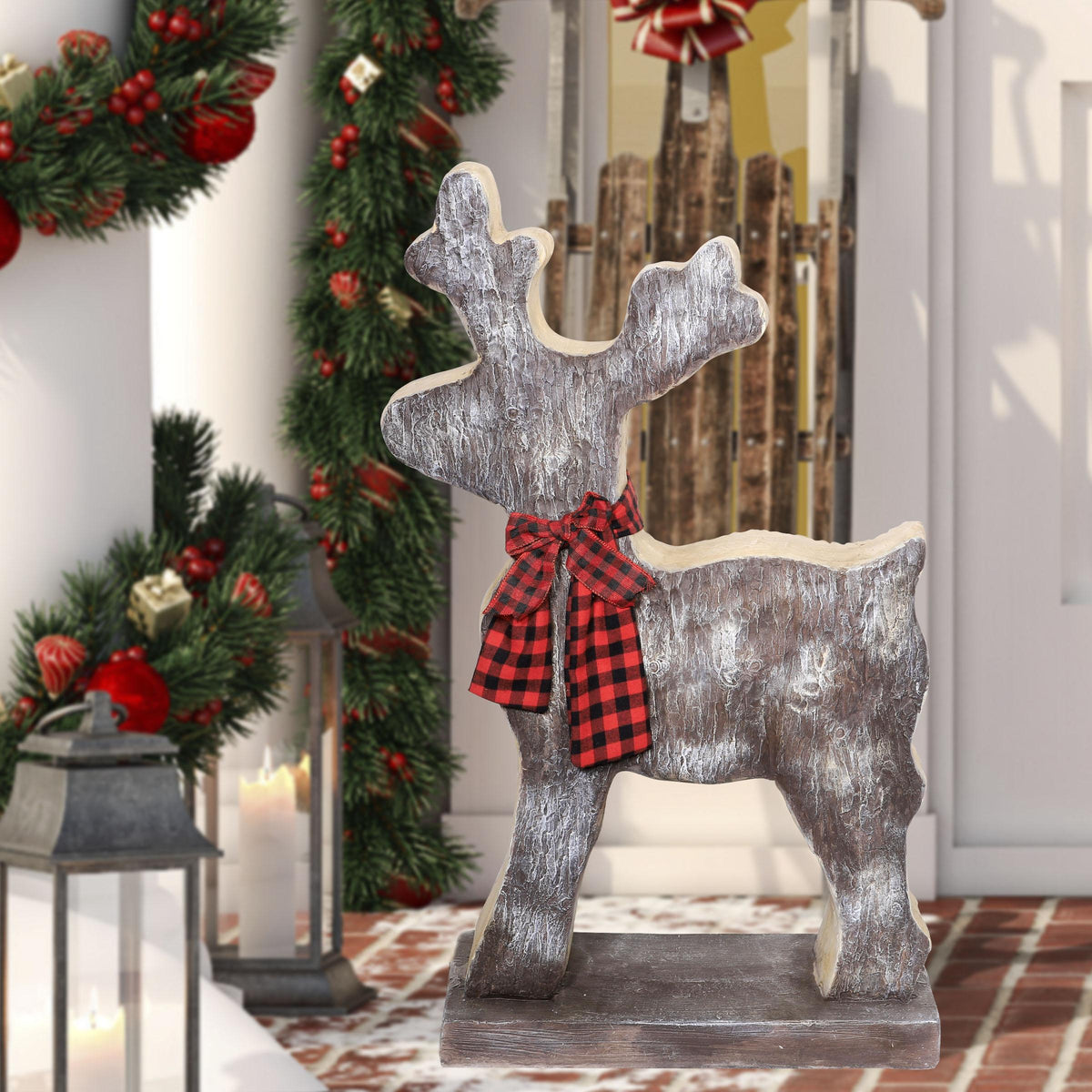 Alpine Corporation Wooden Christmas Reindeer Statue with Festive Bow