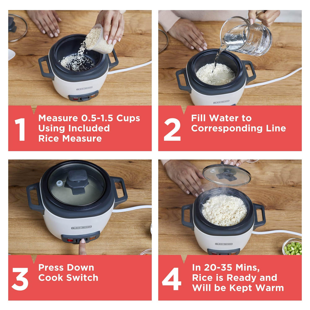 Rice Cooker, 1.5-Cup Uncooked (3-Cup Cooked) Rice, Steaming Basket, Removable Non-Stick Bowl, One-Touch, White