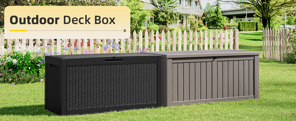 75 Gallon Outdoor Deck Box Waterproof, LarStoraBox for Patio, Resin StoraBench Lockable for Garden Tools, PackaDelivery, Black