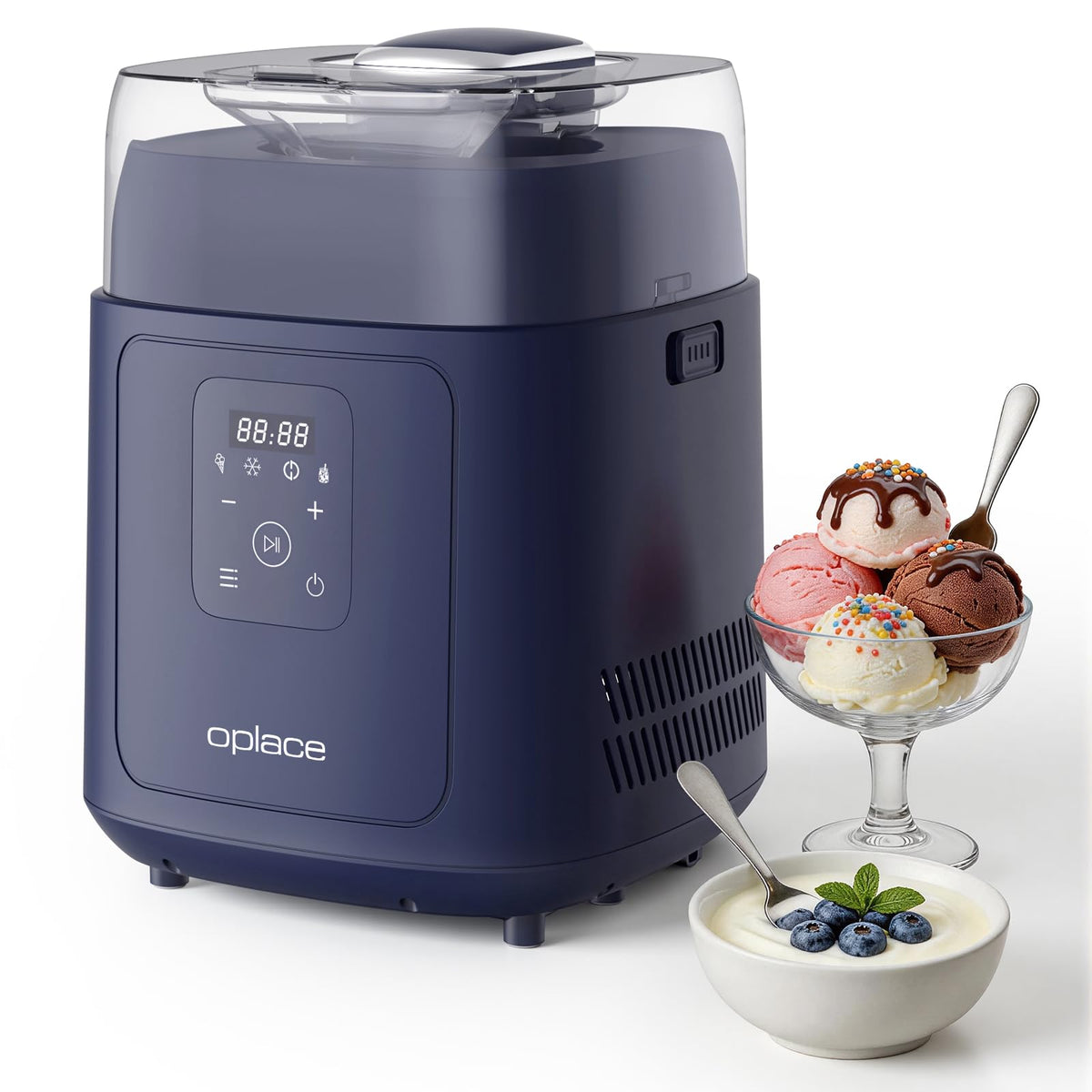 4-in-1 Compressor Ice Cream Maker (1.0Qt), No Pre-Freezing, Automatic Yogurt Maker, Gelato Sorbet Frozen Yogurt Soft Serve Machine, Compact Vertical  for Home Kitchen(Blue)