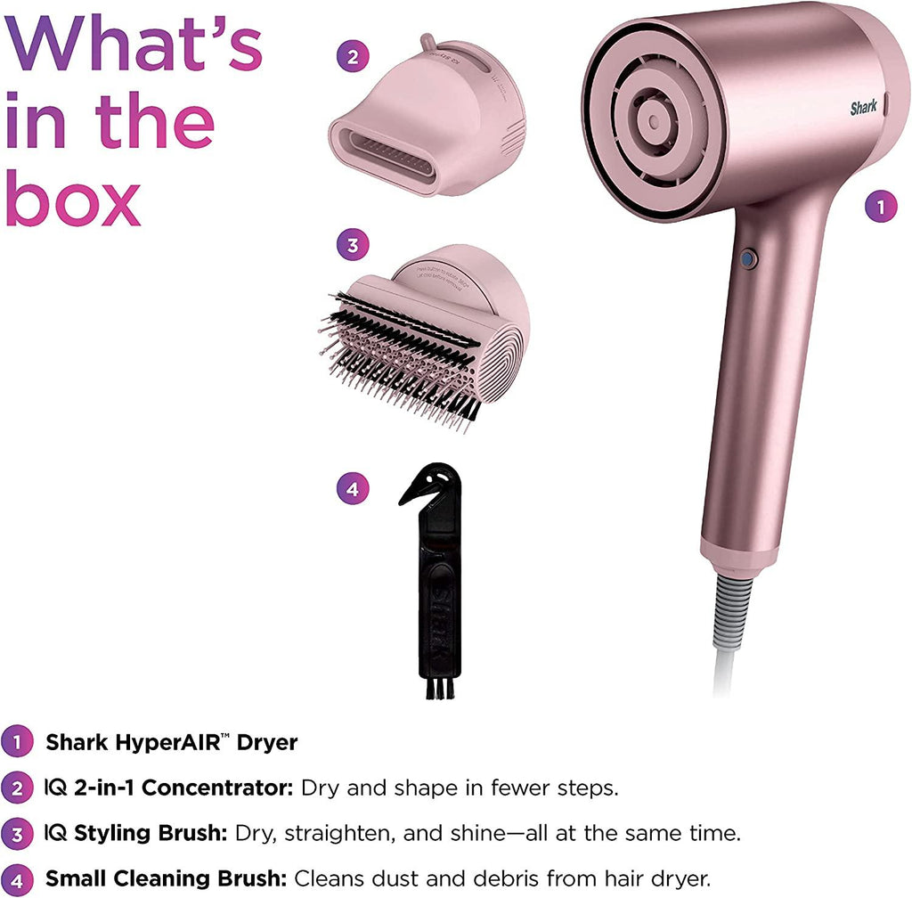 Shark HD112PKBRN HyperAIR Fast-Drying Hair Blow Dryer with IQ 2-in-1 Concentrator and Styling Attachments, Auto Presets, Rotatable Hot Air Brush, No Heat Damage, Ionic, Rose