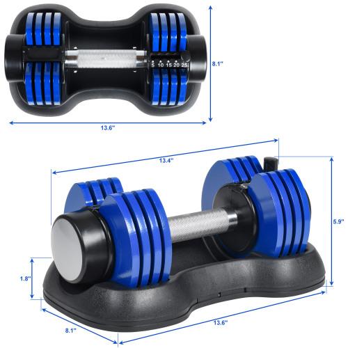 Adjustable Dumbbell 25 lbs with Fast Automatic Adjustable and Weight Plate for Body Workout Home Gym, blue, Note: Single