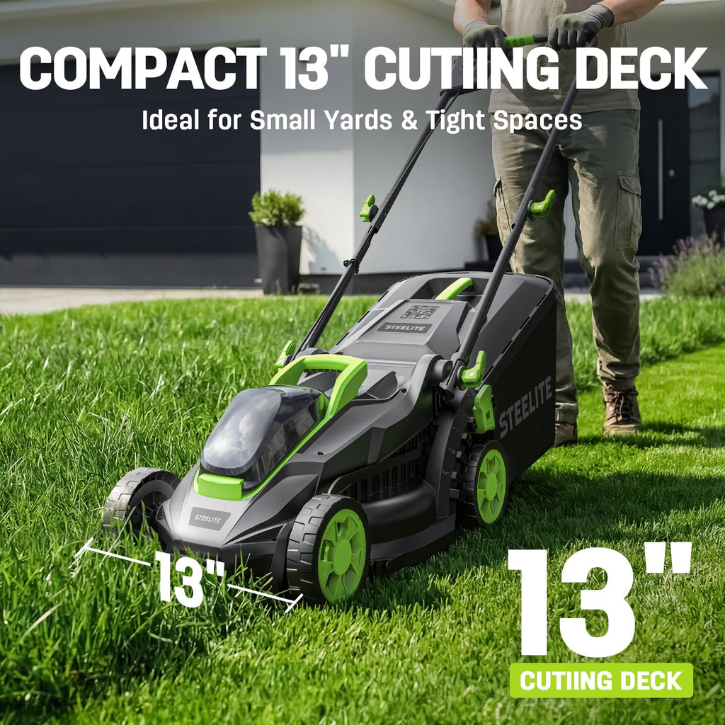 Cordless Lawn Mower, 20V Battery Powered Lawn Mower 13 Inch with 2 x 4.0Ah Batteries &amp; Charger, Brushless Electric Lawn Mower, Up to 50 Min Runtime