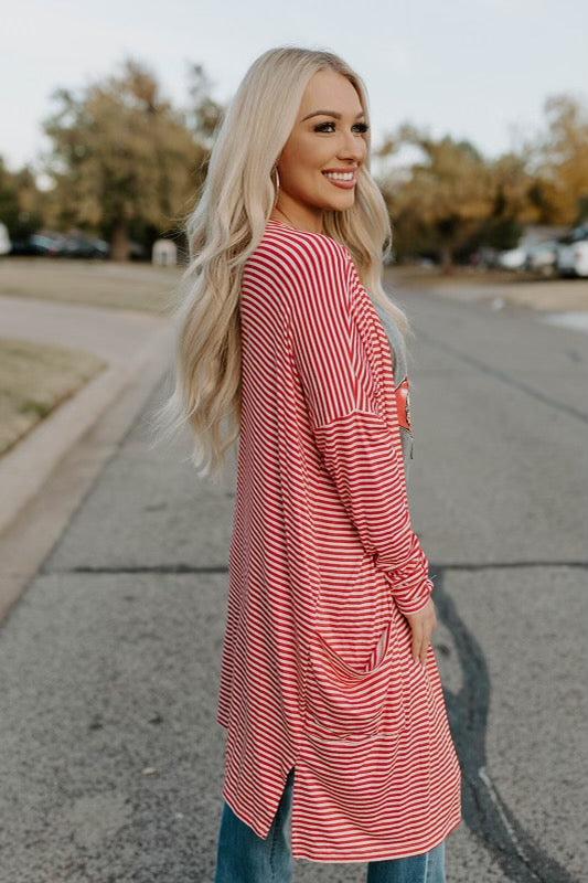 &amp; white striped long pocket cardigan