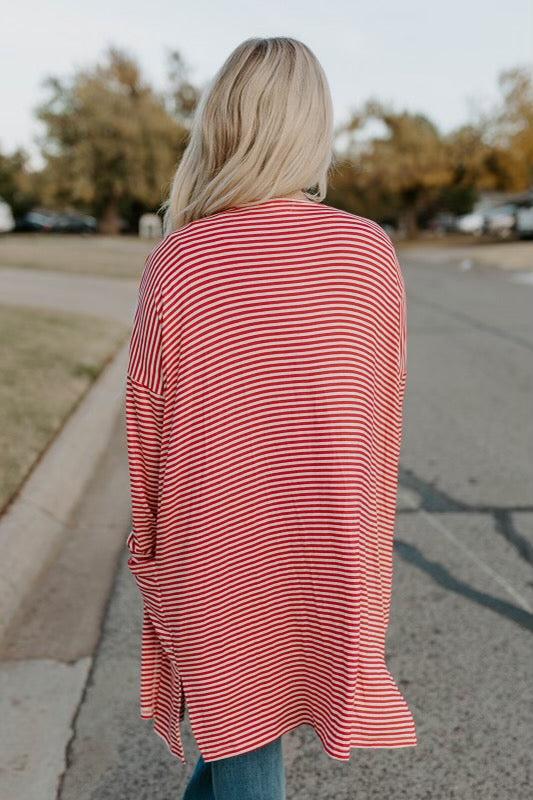 &amp; white striped long pocket cardigan
