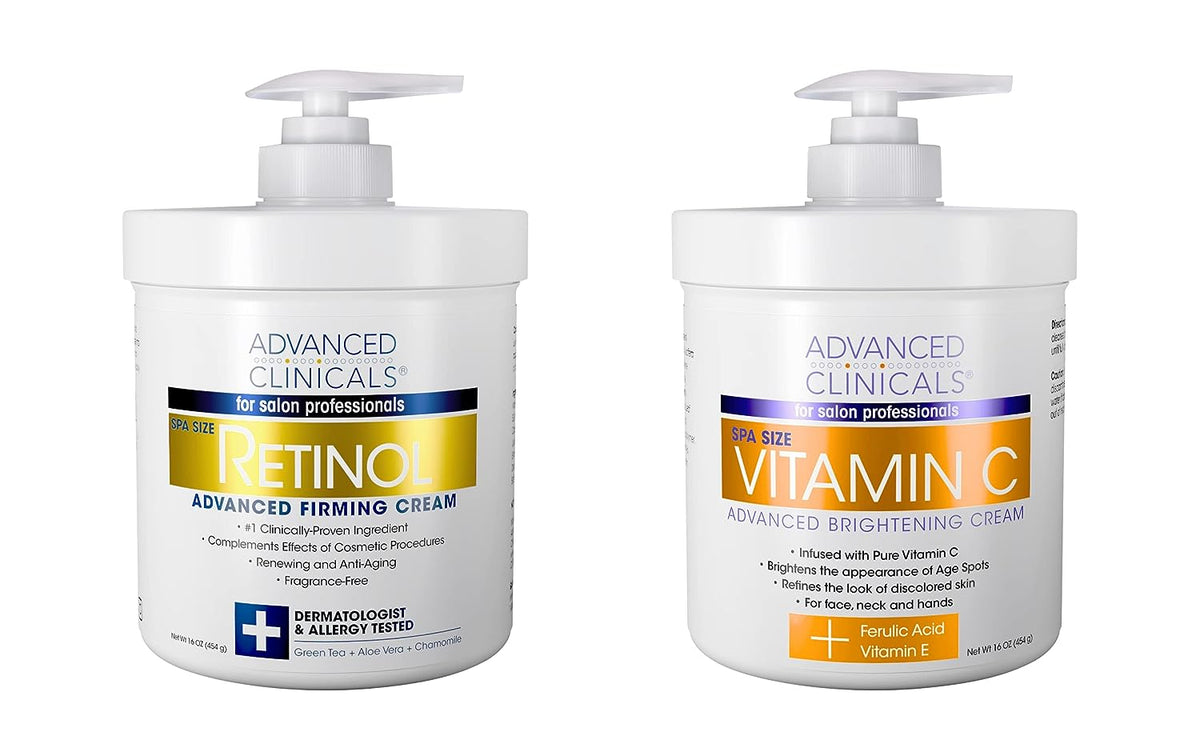 Advanced Clinicals Retinol Body Cream + Vitamin C Moisturizer Lotion Skin Care Set, Anti Aging Body &amp; Face Creams Reduce Wrinkles, Fine Lines, &amp; Dark Spots, Dual Moisturizing Cream Kit, 2-Pack