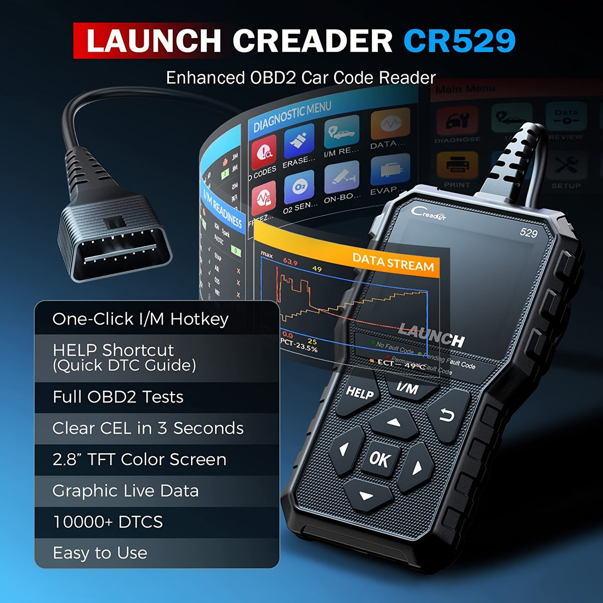 LAUNCH OBD2 Scanner CR529 One-Click I/M, Full OBDII Code Reader, 5 Years Quality Backup, F Ree Lifetime Update Diagnostic Scan Tool, Clear Codes