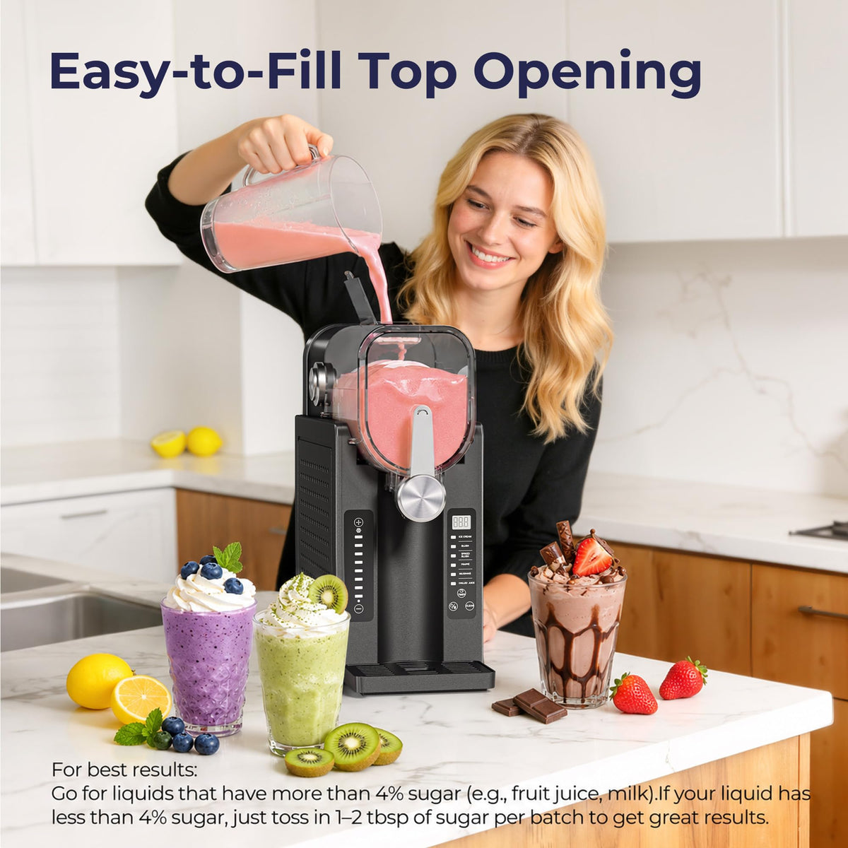 Slushie Machine, No Ice Needed Slushy Maker for Home, Real-Time Temp Display, Frozen Drink Maker with 6 Preset Programs for Ice Cream, Frappés, Milk Shake and More, Black, 1 Pack+3Modes