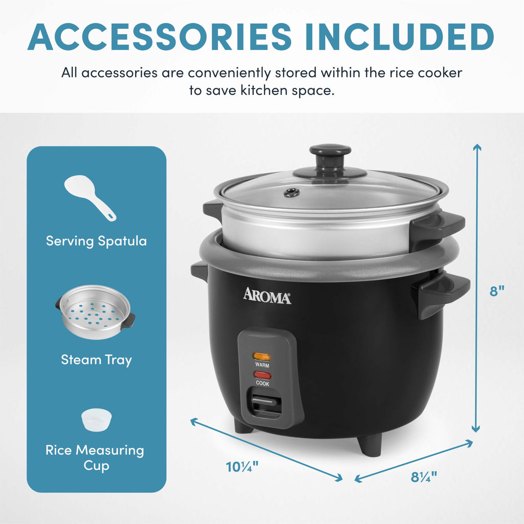 Housewares ARC-363-1NGB 3 Uncooked/6 Cups Cooked Rice Cooker, Steamer, Multicooker, 2-6 cups, Black
