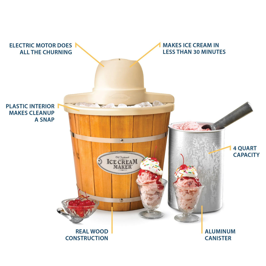 Electric Ice Cream Maker With 4 Qt Capacity- Old Fashioned Ice Cream Machine Makes Frozen Yogurt or Gelato in Minutes-  Wooden Style Ice Cream Maker with Aluminum Canister- Light Wood