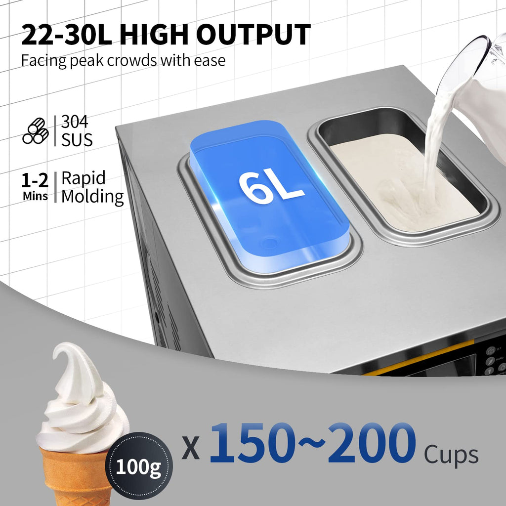 Commercial Ice Cream Maker, 22-30L/H Yield, Countertop Soft Serve Machine with 2x6L Hopper 2L Cylinder LCD Panel Puffing ShortaAlarm, Frozen Yogurt Maker for Restaurant Snack Bar