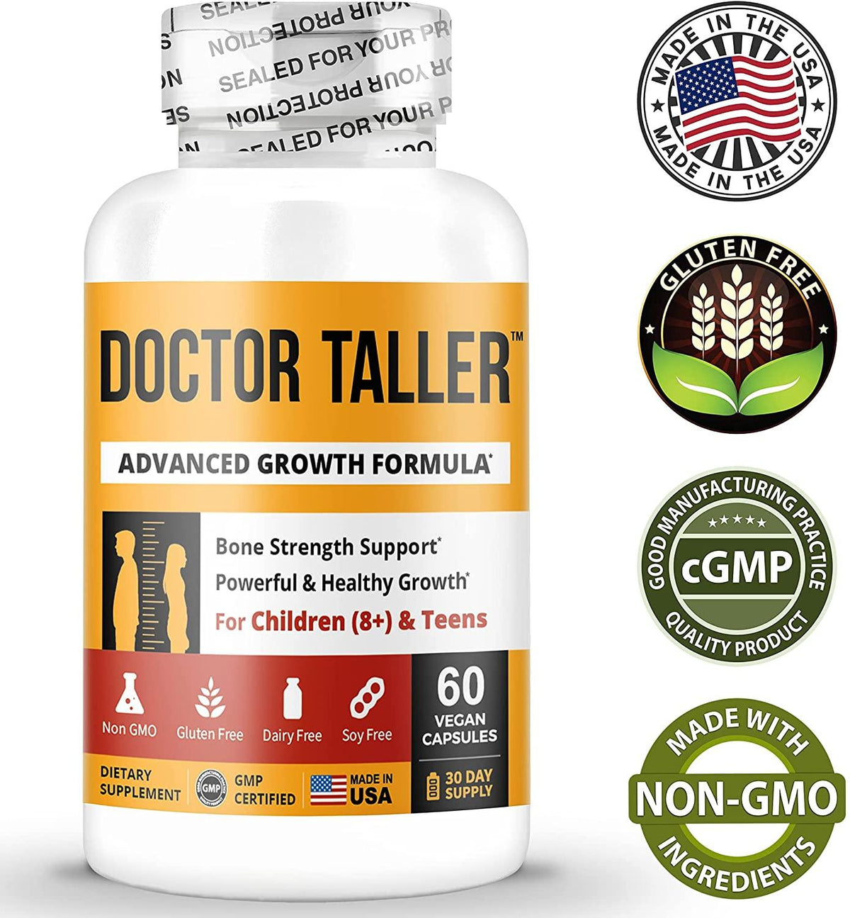 Doctor Taller - Support Healthy Growth - Premium and Breakthrough Ingredients - Help Children and Teens Grow - Healthy Growth Supplement - 60 Vegan Capsules - for Children (8+) and Teens (Pack of 12)