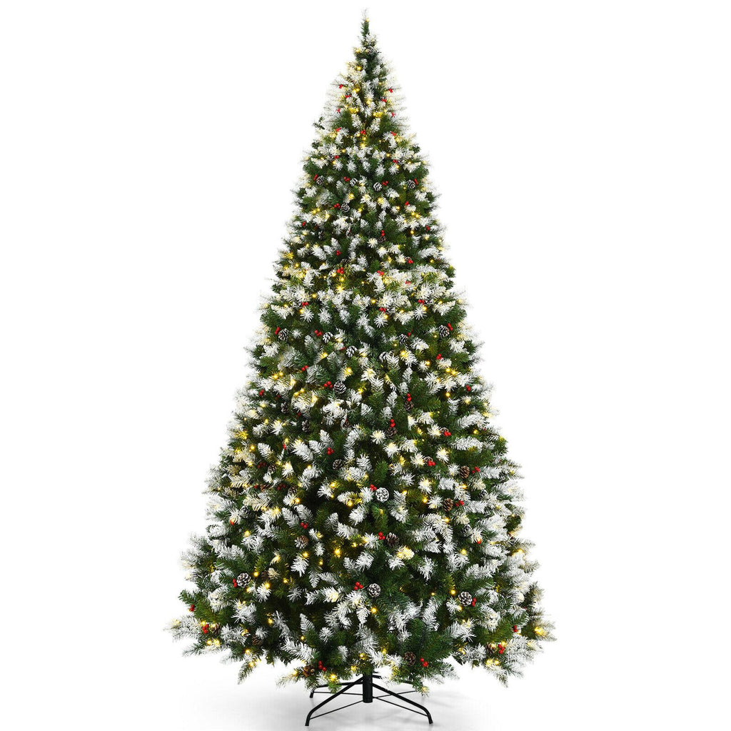 9ft Pre-lit Snowy Christmas Tree 2058 Tips w/ Pine Cones &amp; Red Berries