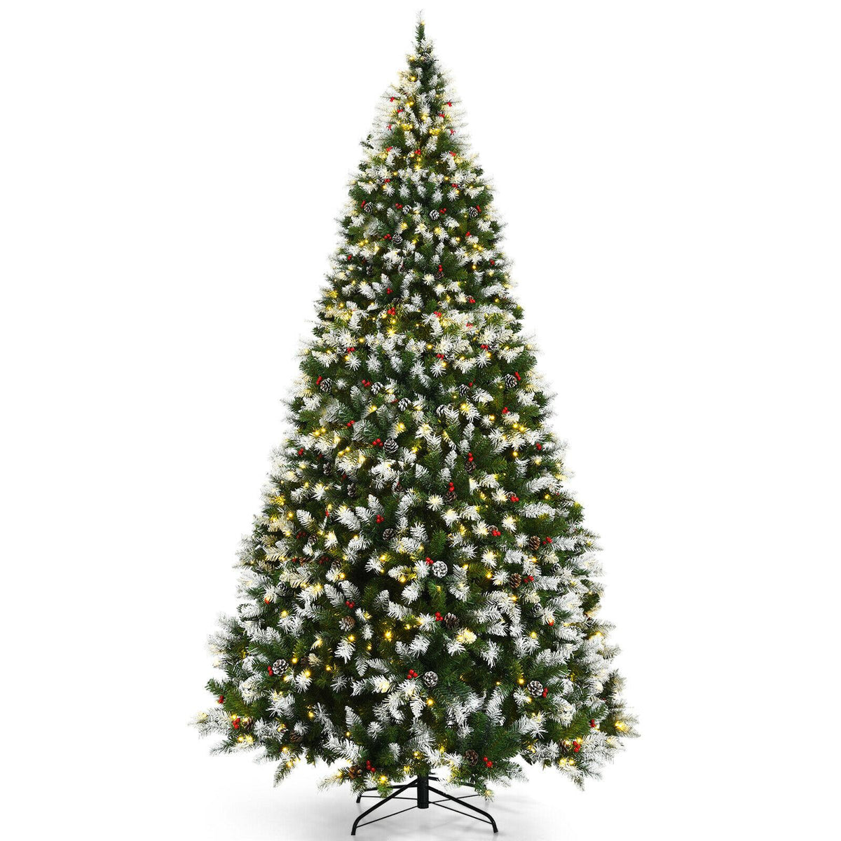 9ft Pre-lit Snowy Christmas Tree 2058 Tips w/ Pine Cones &amp; Red Berries