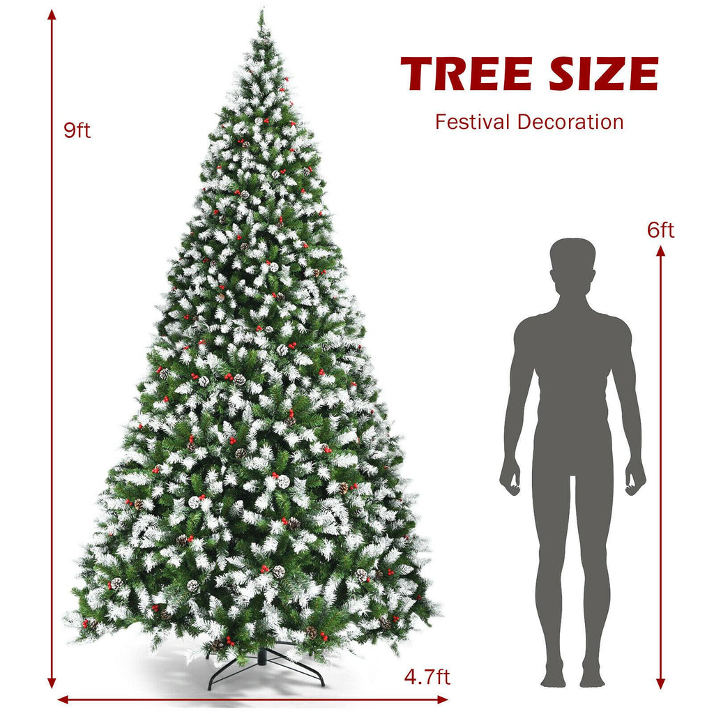 9ft Pre-lit Snowy Christmas Tree 2058 Tips w/ Pine Cones &amp; Red Berries