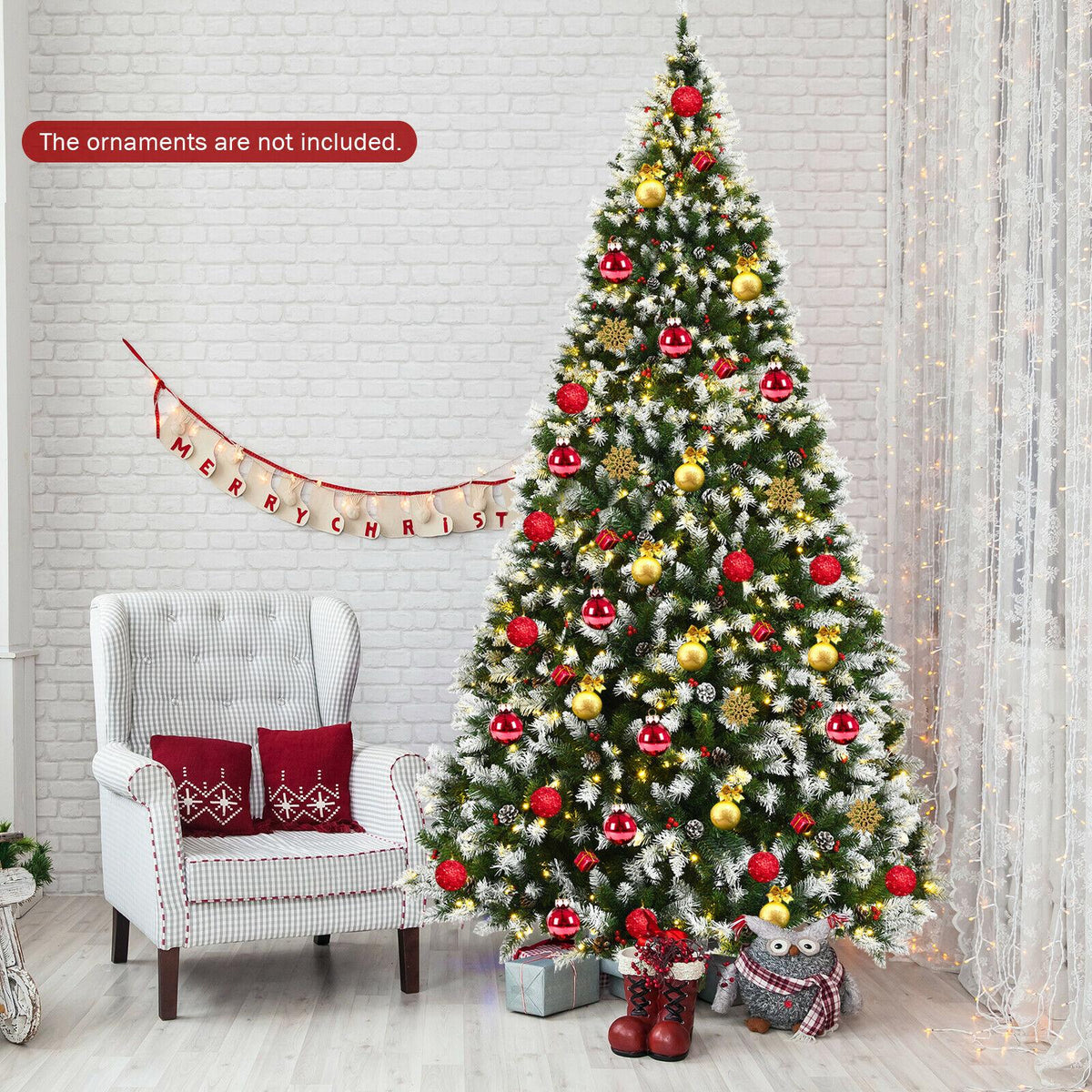 9ft Pre-lit Snowy Christmas Tree 2058 Tips w/ Pine Cones &amp; Red Berries