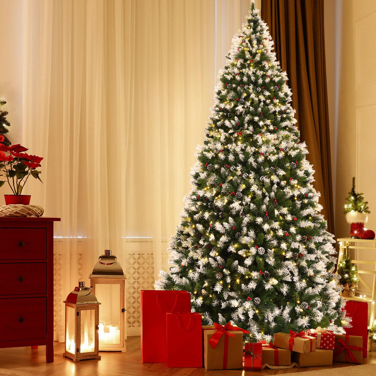 9ft Pre-lit Snowy Christmas Tree 2058 Tips w/ Pine Cones &amp; Red Berries