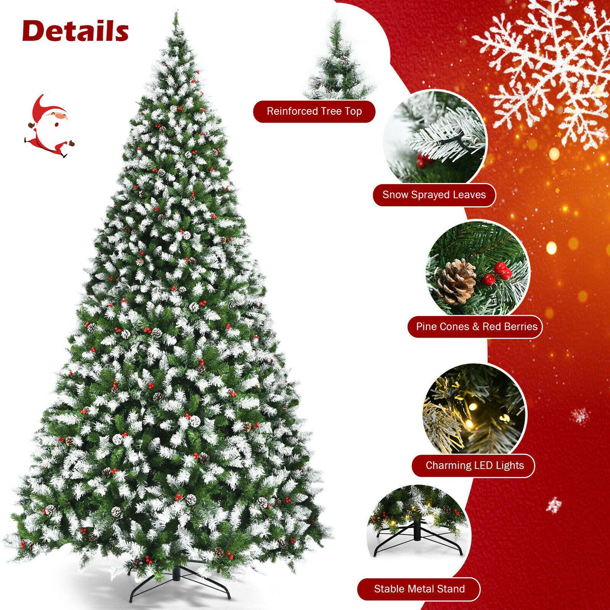 9ft Pre-lit Snowy Christmas Tree 2058 Tips w/ Pine Cones &amp; Red Berries