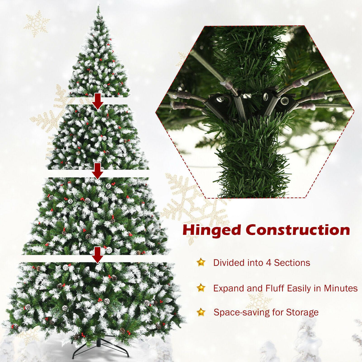 9ft Pre-lit Snowy Christmas Tree 2058 Tips w/ Pine Cones &amp; Red Berries
