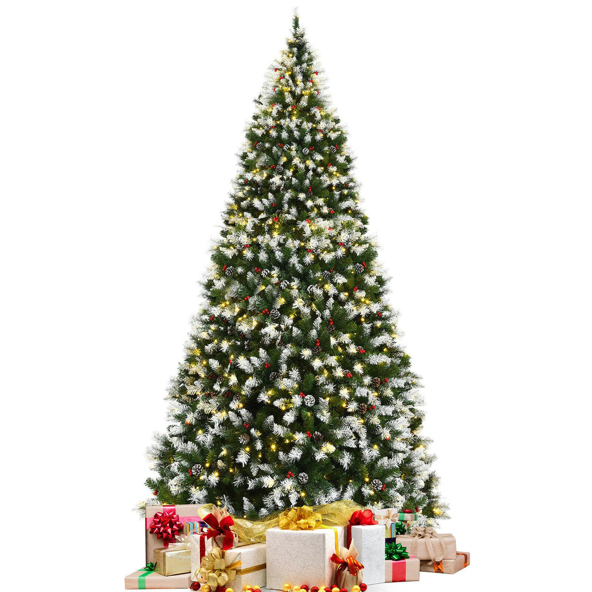 9ft Pre-lit Snowy Christmas Tree 2058 Tips w/ Pine Cones &amp; Red Berries